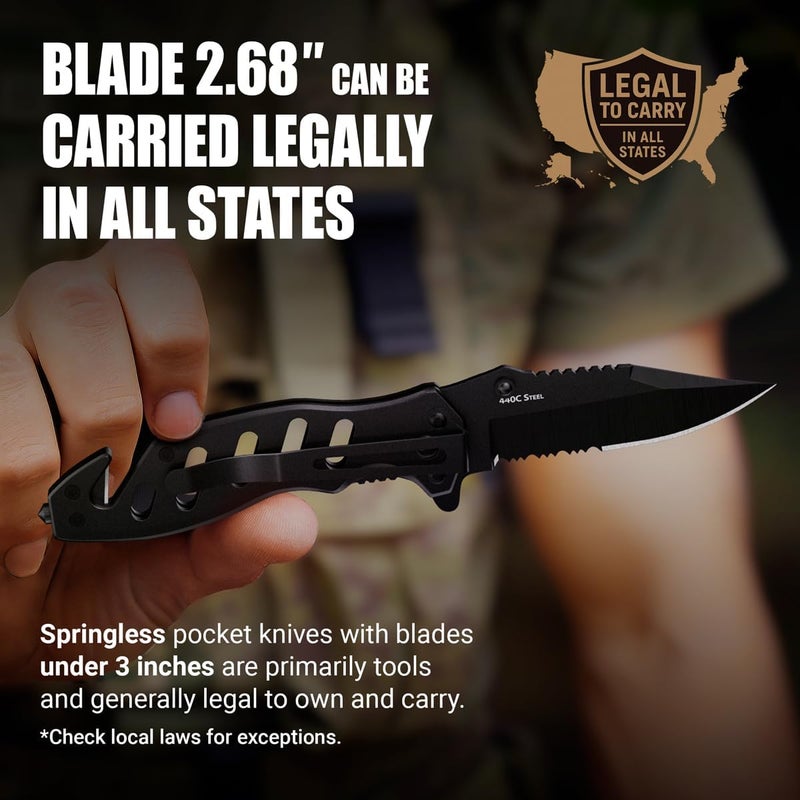 GOOD WORKER Tactical Legal Knife for Men Women - 2.68 inch Serrated Blade - Small Black Pocket Knives with Glass Breaker Seatbelt Cutter - Cool Folding Tool for Camping Work EDC - Mens Birthday Gift Ideas 6655 B - Image 5